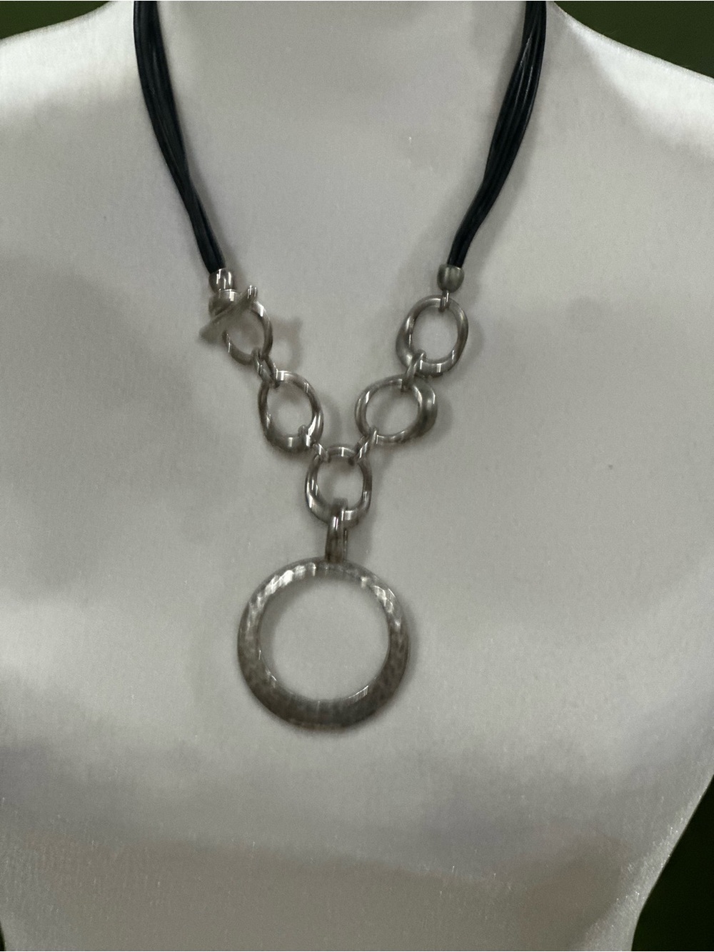 Premier Designs Silver-Tone Hammered Circle Pendant Necklace with Black Cord